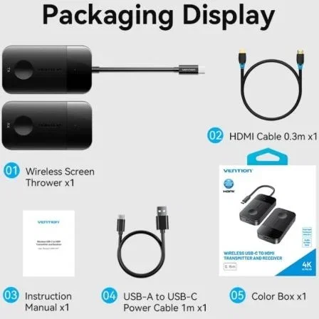 Vention Adaptador/Transmisor de Vídeo Inalámbrico USB Tipo-C a HDMI - 4K@30Hz, Carga PD 60W, Modelo ADOBB Vention Adaptador/Transmisor de Vídeo Inalámbrico USB Tipo-C a HDMI - 4K@30Hz, Carga PD 60W, Modelo ADOBB